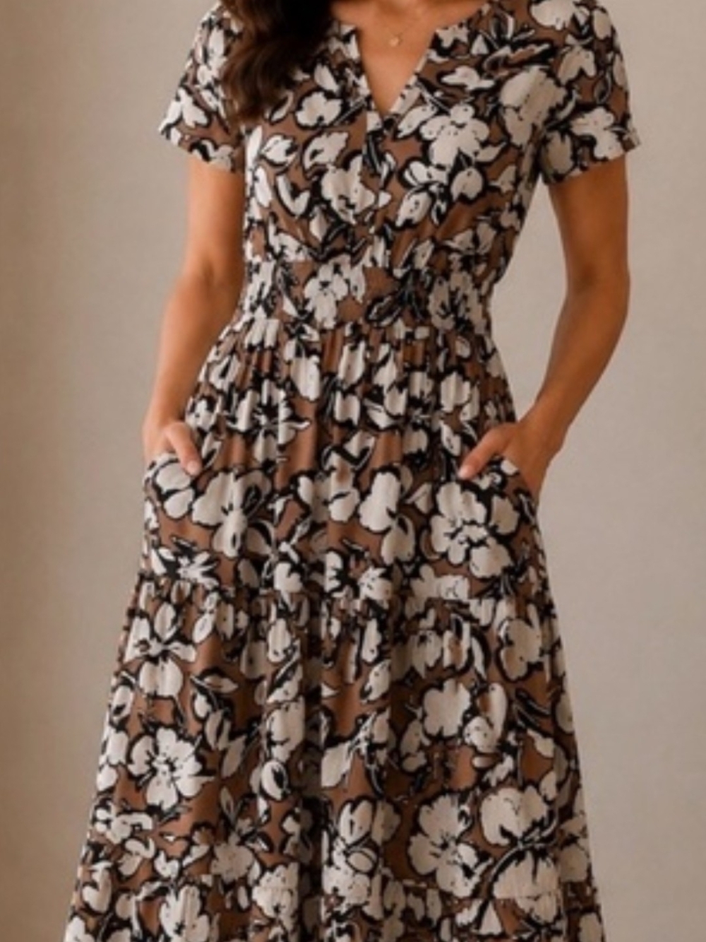 NWOT Cynthia Rowley Brown Floral Tiered Midi Dress with White and Black Accents